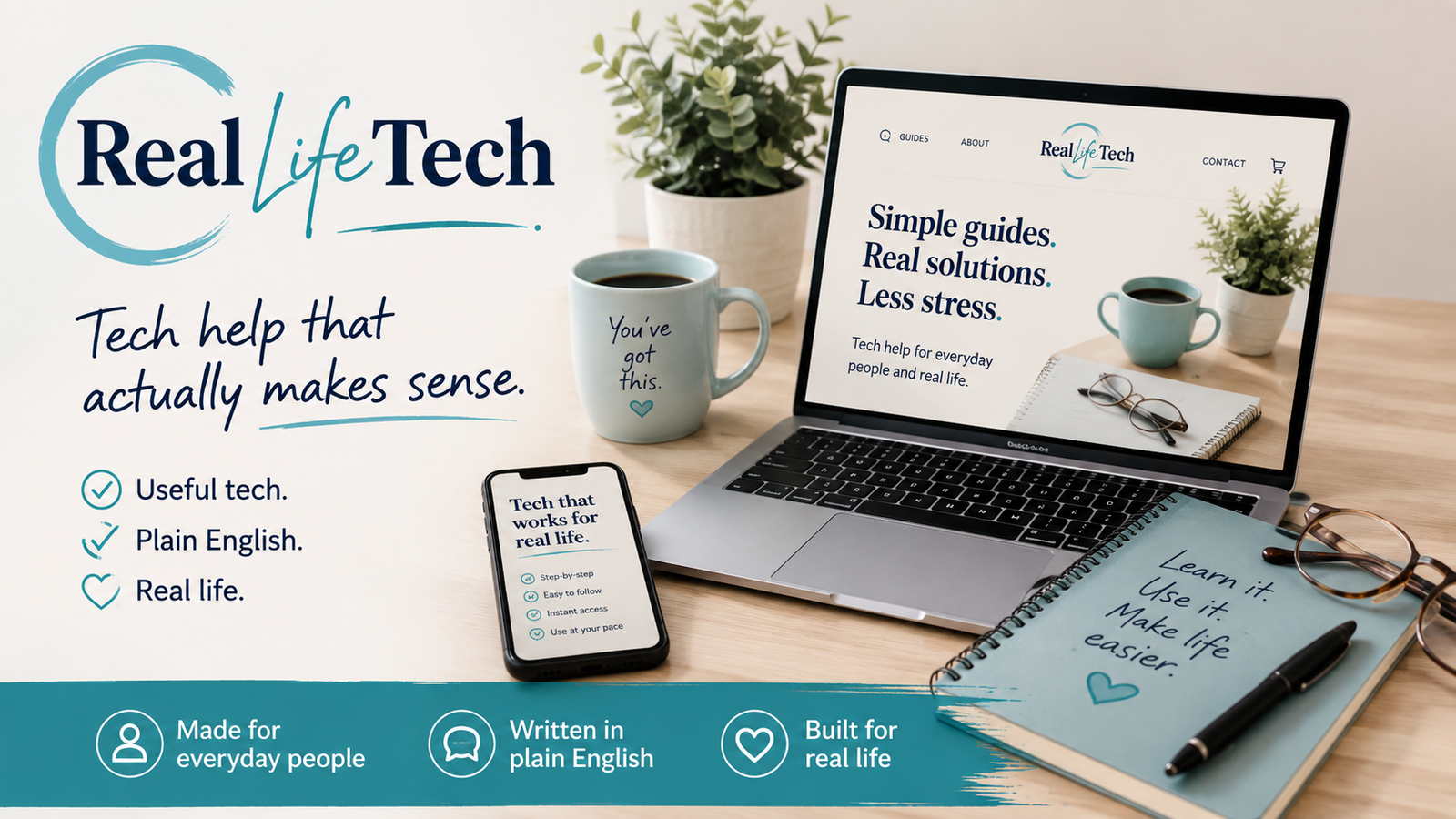 A calm Real Life Tech desk setup with a laptop, phone, coffee, and notebook